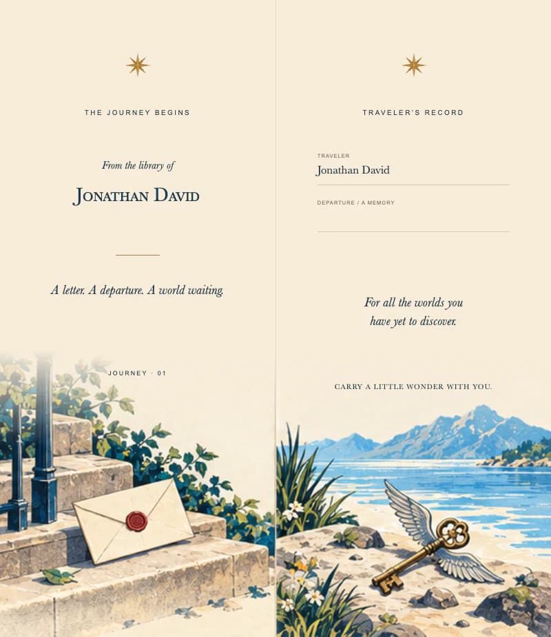 From the library of Jonathan David, with a personal Traveler’s Record and dedication